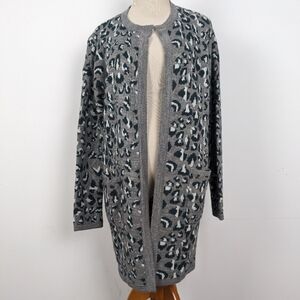 Cynthia Rowley Gray Leopard Knit Acrylic Alpaca Blend Open Long Line Cardigan M